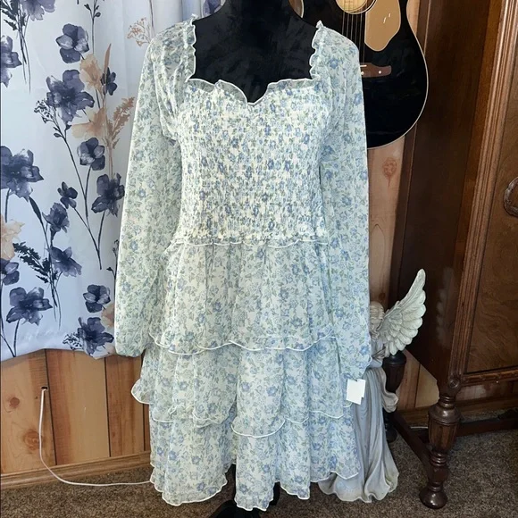 Ultra Flirt Spring and Summer Blue Floral Ruffle Tiered Dress - Picture 1 of 10